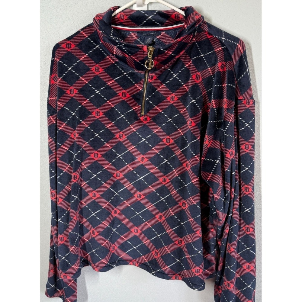 Tommy Hilfiger Women Printed Velour Pajama Top Large 1/2 Zip Red/Blue Plaid Fall